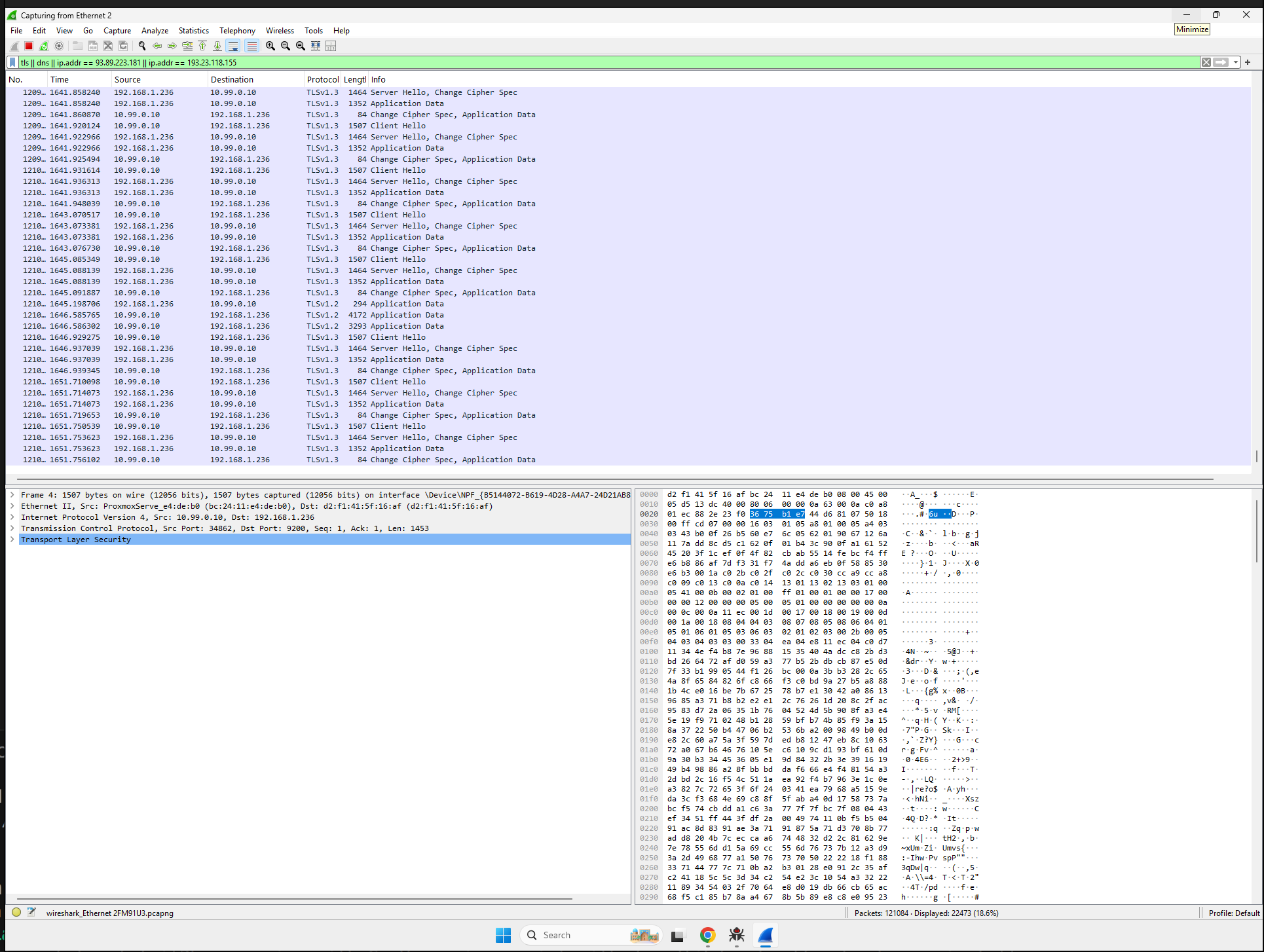 Initial Wireshark View Showing Elastic Telemetry Noise
